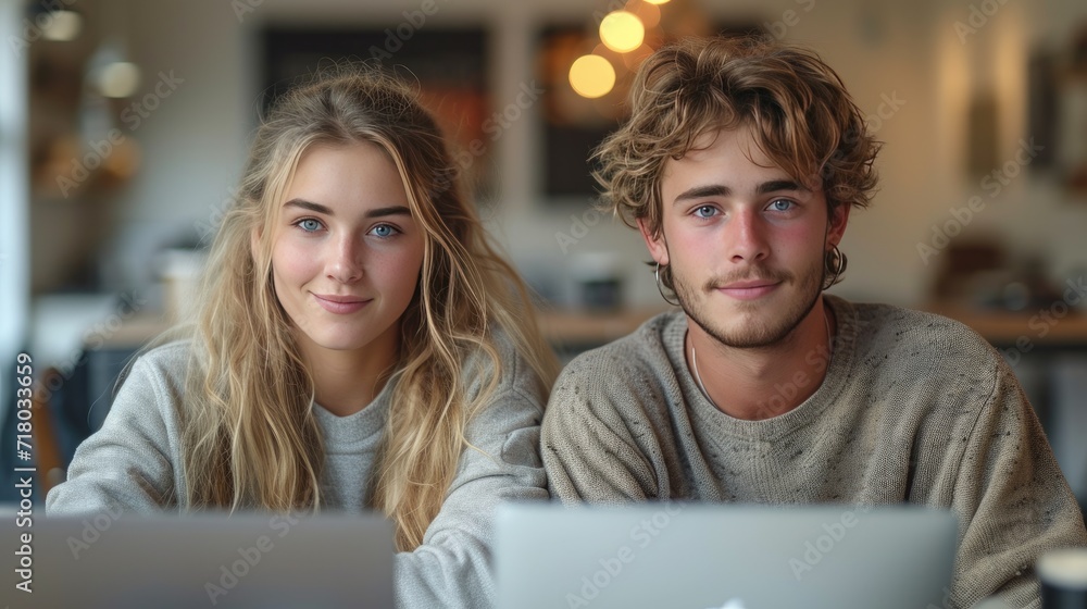 couple using laptop in cafe couple using laptop in cafe