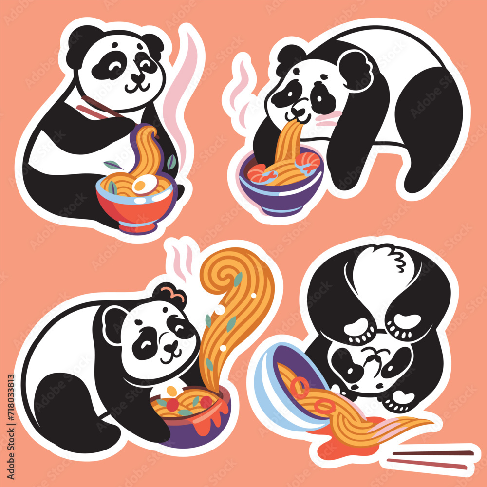 Sticker set of cute pandas eating ramen noodles Sticker set of cute pandas eating ramen noodles