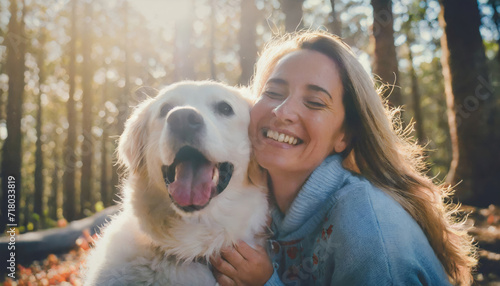 Smiling woman and adorable retriever in autumn forest