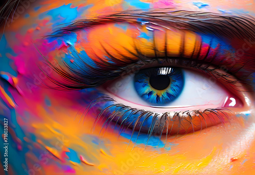 Close-up of an eye displaying a vibrant, multicolored fashion mark Holi festival and rainbow eye