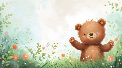 A cute little bear sits on the grass with flowers in pastel cartoon style.