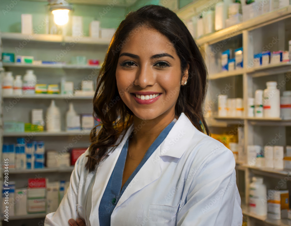 Smiling Female Pharmacist in Uniform at a Drugstore