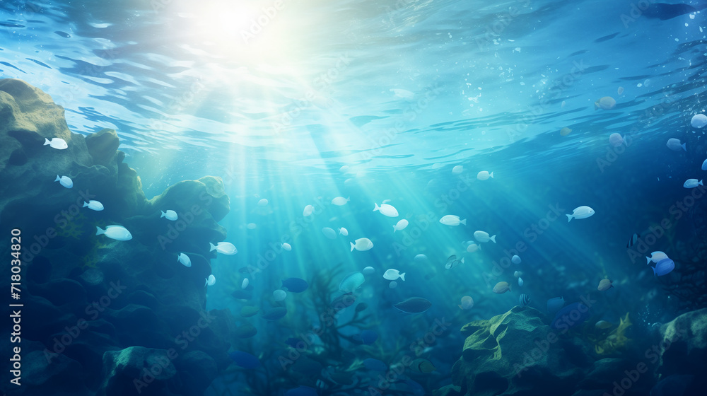 Obraz premium Underwater background deep blue sea and beautiful underwater, Ai generated image