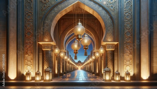 Majestic Mosque Hall Adorned with Hanging Lanterns. Ramadan Kareem Design Concept