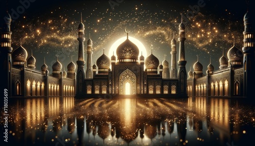 Ramadan Kareem. Dazzling Mosque Silhouette with Gold Glitter and Bright Shining Stars