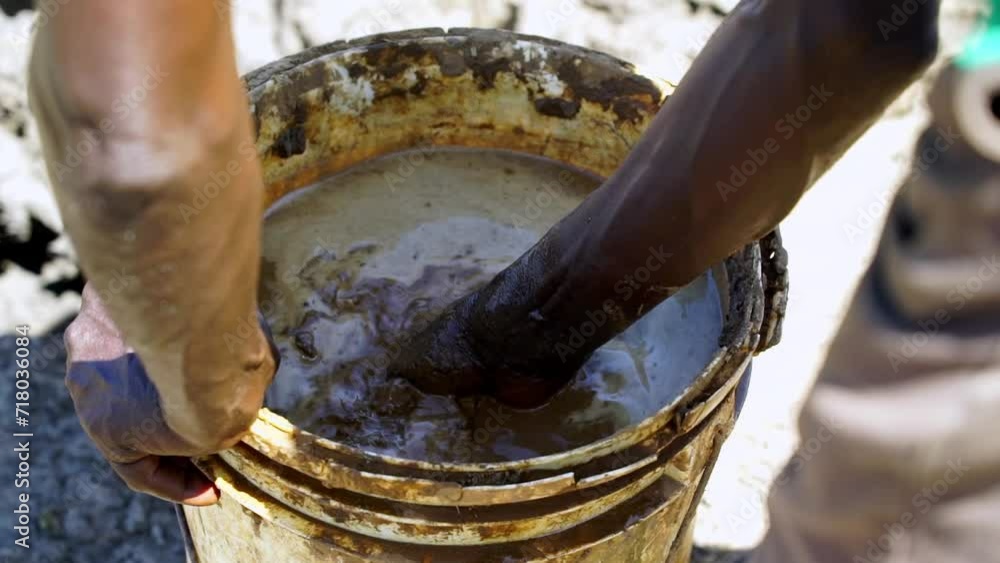 Male Hands Preparing Mud In Bucket For Termite Mounds In Animal Waterhole In Uganda. closeup shot Male Hands Preparing Mud In Bucket For Termite Mounds In Animal Waterhole In Uganda. closeup shot