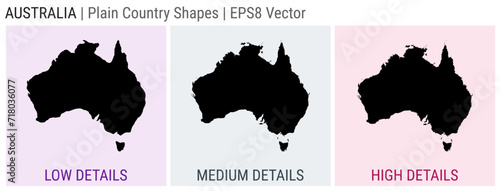 Australia - plain country shapes. Low, medium, and high detailed maps of Australia. EPS8 Vector illustration.
