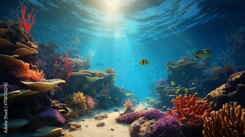 Underwater Scene - Tropical Seabed With Reef And Sunshine  Ai generated image