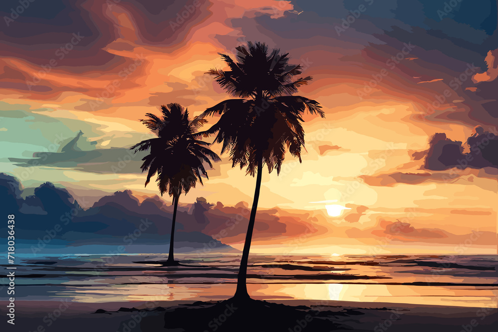 Palm tree on a beach at sunset