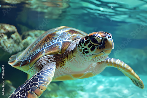 Green sea turtle - Tropical and subtropical waters - A large marine reptile known for its distinctive green color and ability to migrate long distances. They are threatened by habitat loss