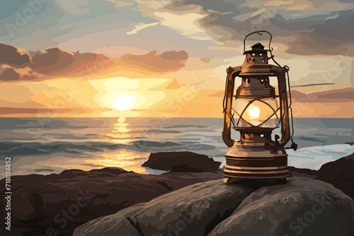 oil lamp on the beach at sunrise . photo