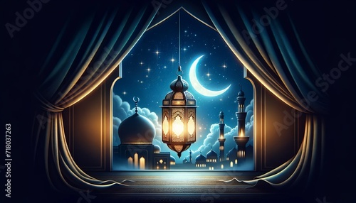 A Quiet Night in the Month of Ramadan. Lantern Overlooking Mosque and Crescent Moon photo