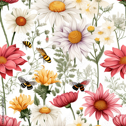 Luscious flowers and bee on white background  seamless pattern.