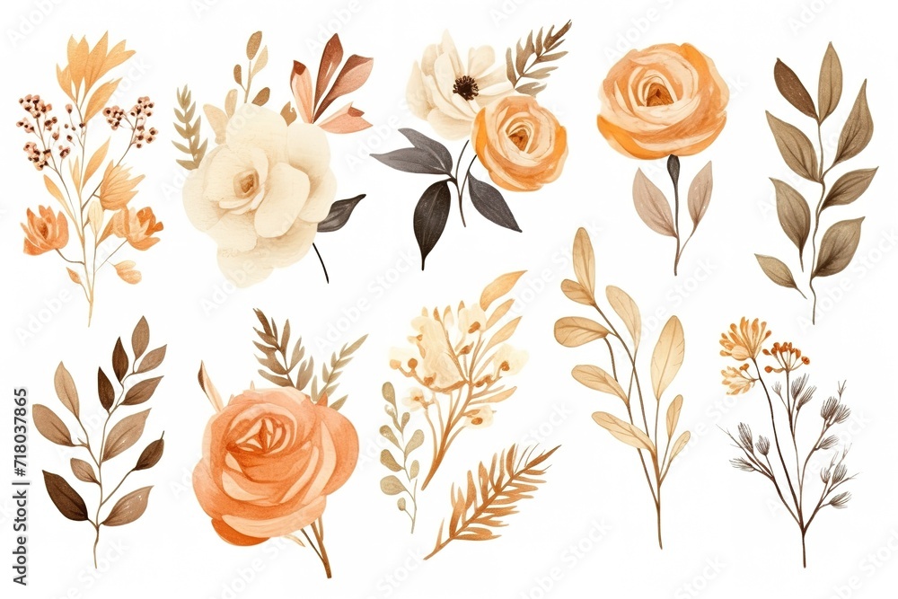 Autumn set of hand painted watercolor bouquets. Trendy blush pink, peach, golden, cream, beige, brown flowers. Composition for greeting cards, wedding invitations and decorations. Generative Ai