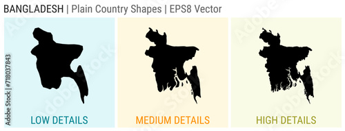 Bangladesh plain country shape. Low, medium, and high detailed maps of Bangladesh. EPS8 Vector illustration.