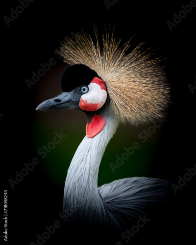 Eastern crowned crane with vibrant red eyes and exquisite plumage