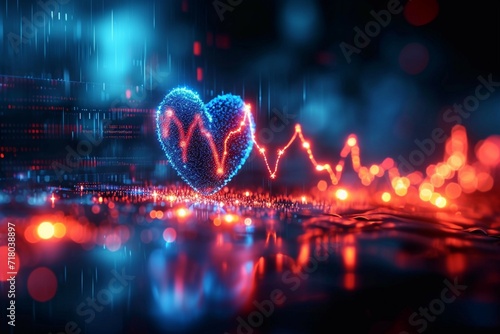 Digital wellness Neon heart with AI generated waves on blurred background photo