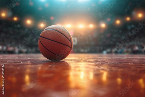 Photo Game ready setting Basketball ball positioned in front of sleek arena © Muhammad Shoaib
