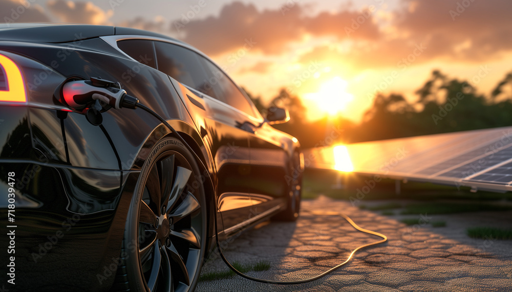 An Electric car recharges at an EV Power point with solar or power in the background. Power from the sun An Electric car recharges at an EV Power point with solar or power in the background. Power from the sun