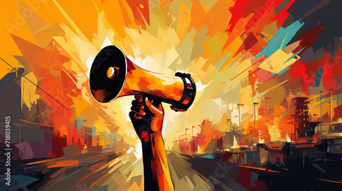 Megaphone, vibrant art and freedom of expression. Colorful, dynamic and energetic communication through art for liberty, creativity and social change. Inspiring visual message for a diverse audience. photo