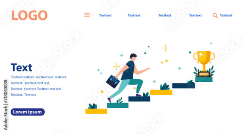 Vector illustration, people are running toward their goal on the stairs or pillars, moving to their dream. Motivation, the way to the goal. web banner, mobile web site. Landing page template.