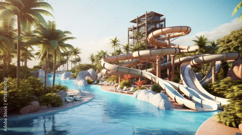 A resort water park with empty water slides, a swimming pool and views of the blue sky and palm trees. Summer entertainment, vacation vacations, travel concepts.
