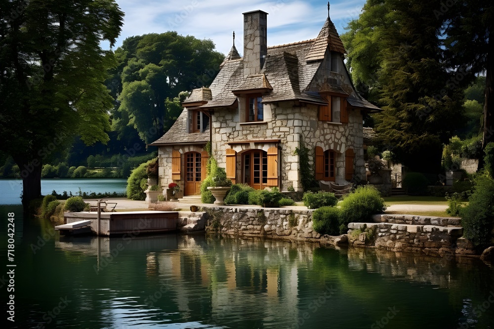AI generated illustration of a lakeside building overlooking serene waters