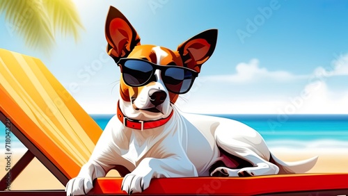 dog on a beach chair tanning at the beach on summer vacation holidays