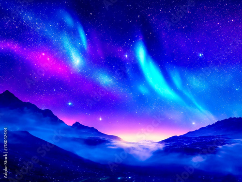 Beautiful fantasy starry night sky, blue and purple colorful, galaxy and aurora 4k wallpaper