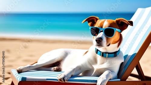 dog on a beach chair tanning at the beach on summer vacation holidays © Irina
