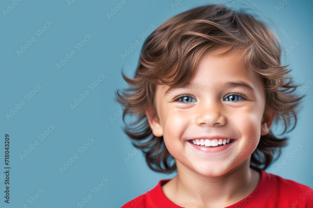 Portrait of cute little model boy looking at camera. Closeup portrait of adorable laughing child isolated on light blue background