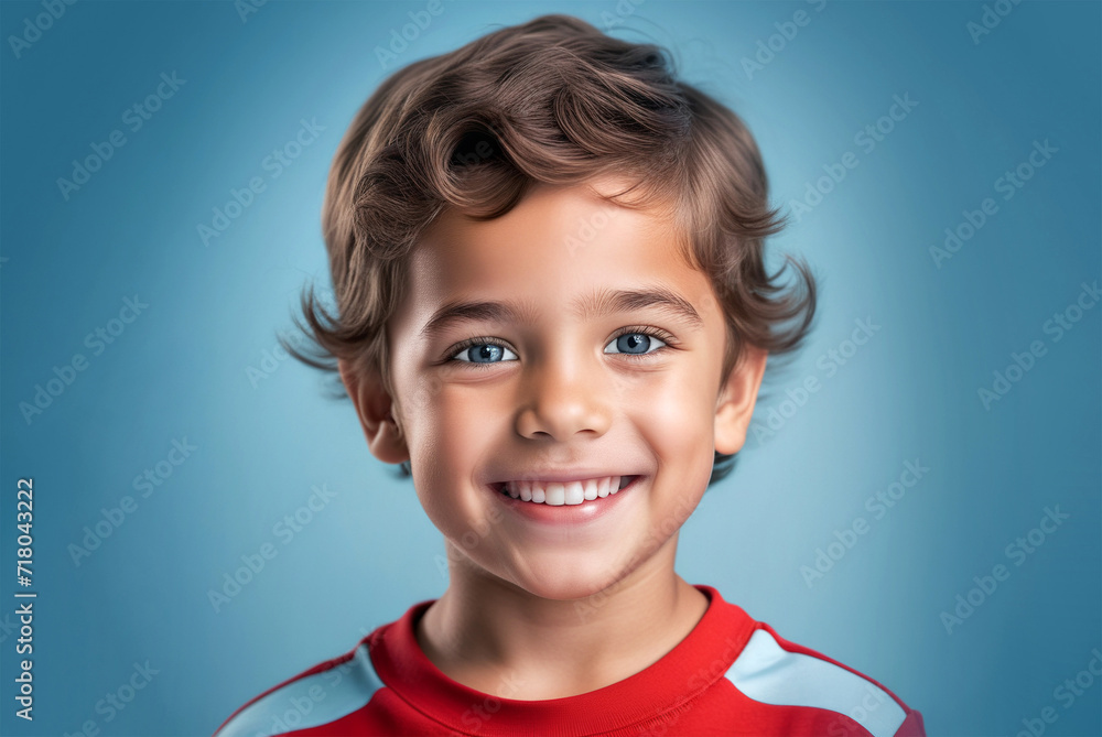 Portrait of cute little model boy looking at camera. Closeup portrait of adorable laughing child isolated on light blue background Portrait of cute little model boy looking at camera. Closeup portrait of adorable laughing child isolated on light blue background