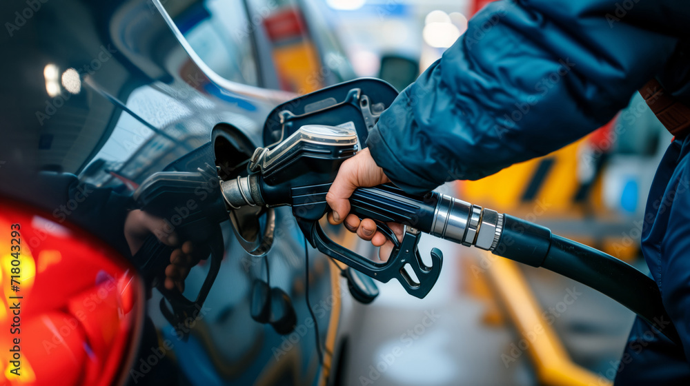 Fototapeta premium Refuel the cars with a fuel pump. The driver of the hand, refuels and pumps the car's gasoline with fuel at the gas station. Refueling the car at the gas station