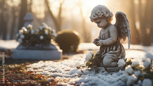 Little baby angel statue on winter cemetery graveyard on sunny day