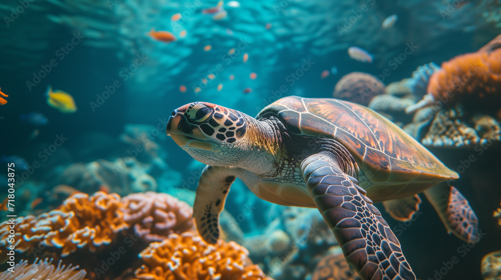 Sea turtle swimming underwater in the sea. Sea turtle swimming underwater in the sea.
