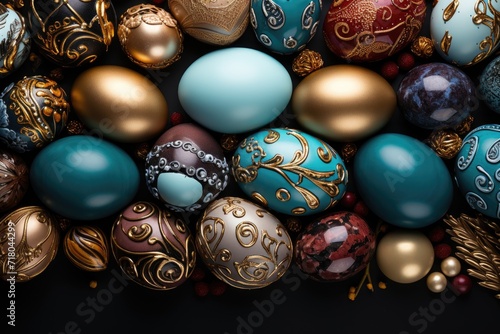 Top down view of an Easter eggs and chocolate eggs