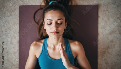 Beautiful millennial young woman in yoga pose and meditating close eyes  view from above created with generative ai 