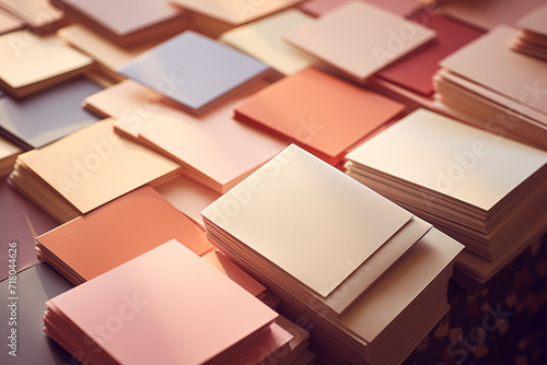 Stacked colorful paper sheets in warm tones. Stack of paper cards background