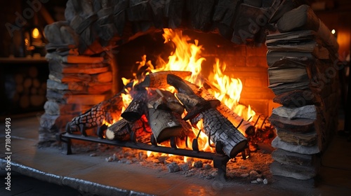 Close up of burning firewood in rustic fireplace with flames and embers