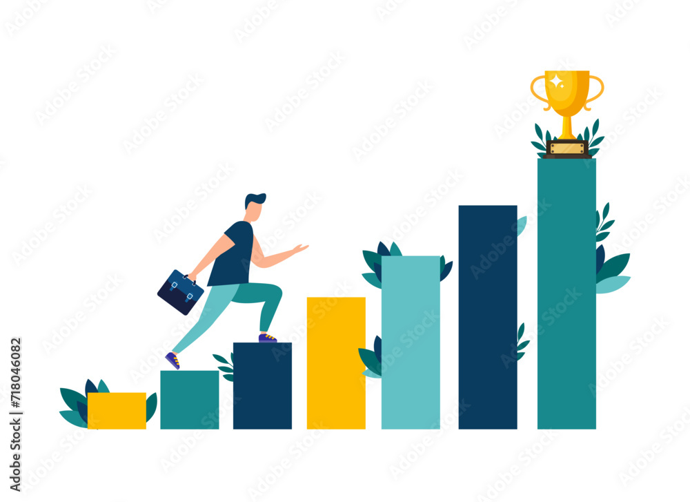 Vector illustration, people are running towards their goal on the stairs or columns, moving up to their dreams. Motivation, the path to achieving the goal Vector illustration, people are running towards their goal on the stairs or columns, moving up to their dreams. Motivation, the path to achieving the goal