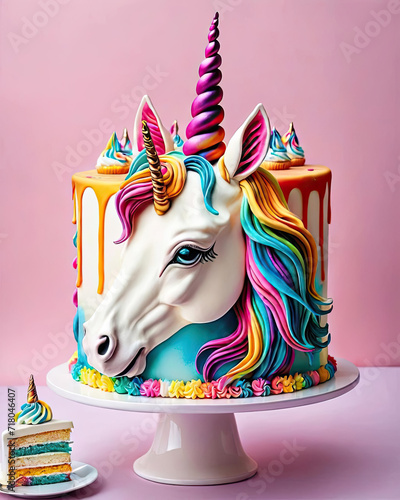 Vibrant Unicorn Cake - Photorealistic illustration of a pop art unicorn cake with vivid tie-dye patterns and creamy vanilla hues Gen AI photo