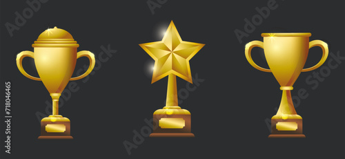 Set of golden awards trophies and cups