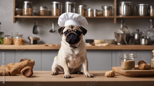 dog in a kitchen A pug puppy wearing a tiny chef's hat and apron, standing on a stool in a kitchen, hilariously   photo