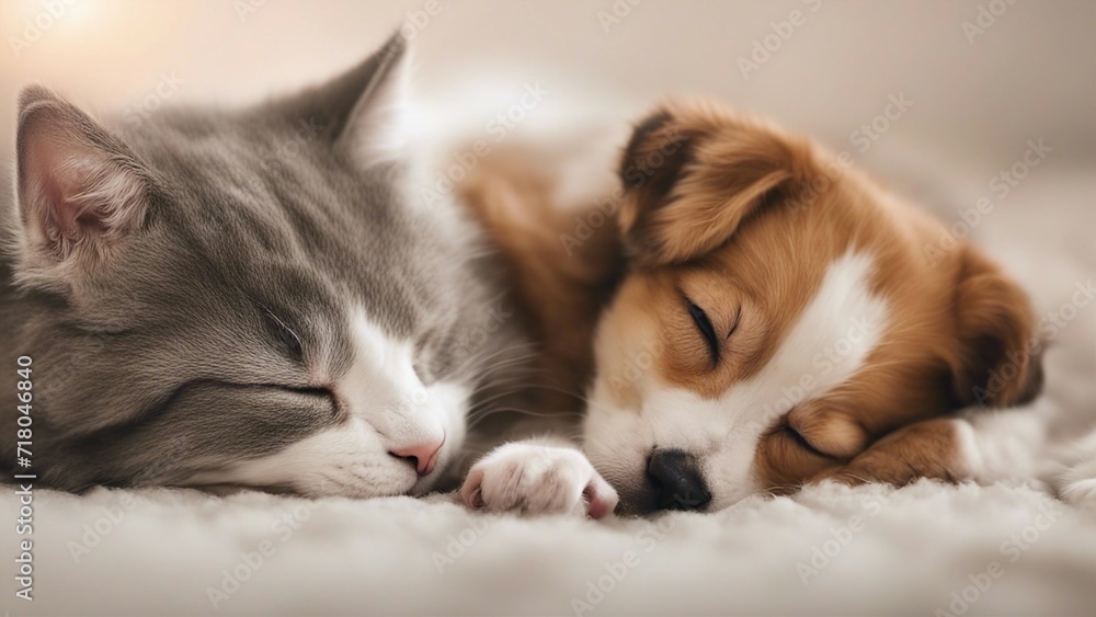 cat and dog Cat and dog sleeping together. Kitten and puppy taking nap. Home pets. Animal care. Love and friends