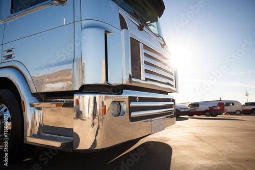silver tractor unit with reflective surfaces in sunlight