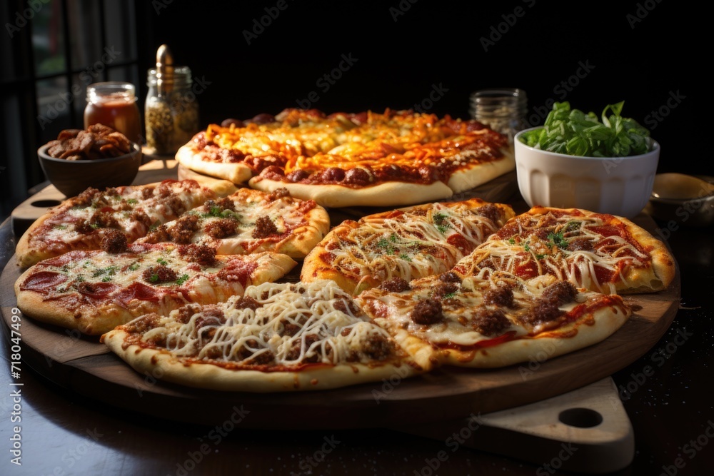 A photo of Pizzas with chicken and barbeque sauce Italian with tomatoes in tray on table night view Generative AI
