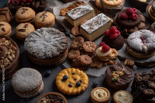 a variety of baked treats displayed on top of a flat surface. Generative AI