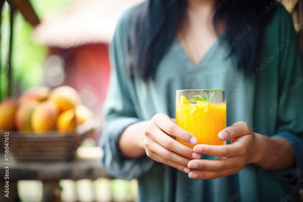 womans hand holding glass of mango juice outdoors womans hand holding glass of mango juice outdoors