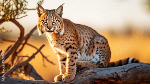 Wild bobcat perched on tree branch, wildlife photography in natural habitat