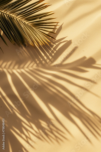 Sandy beach with shadow of palm leaves. Travel and vacations concept background. Top view, flat lay